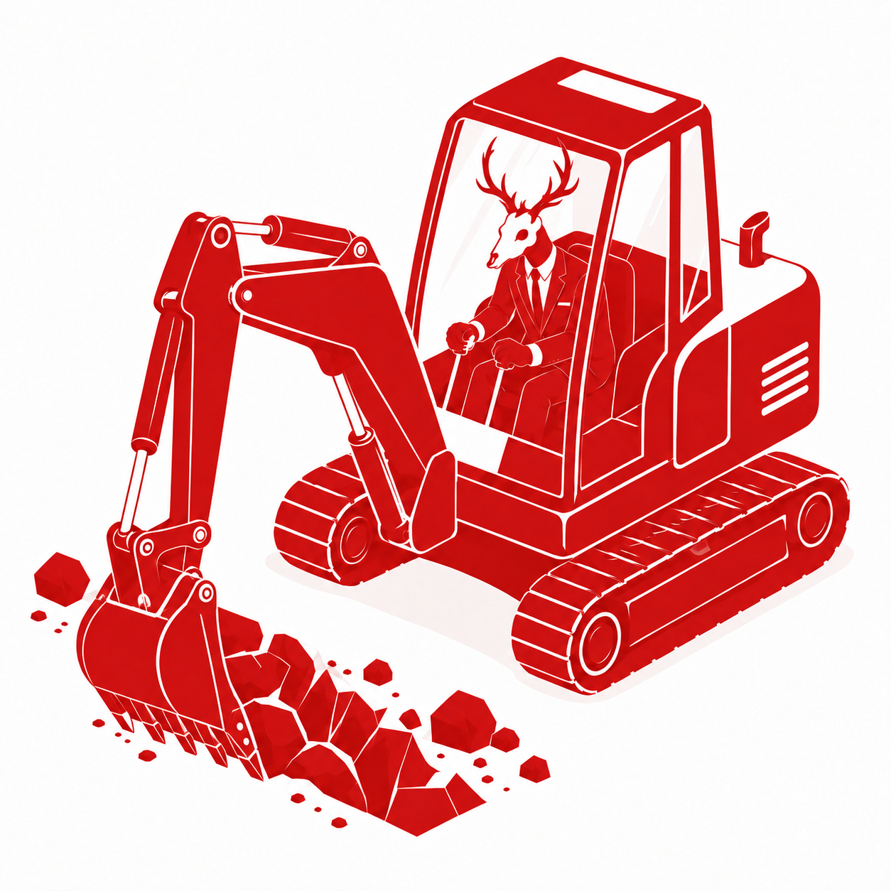 Vestigo’s suited stag mascot at the controls of a red excavator, getting to work.